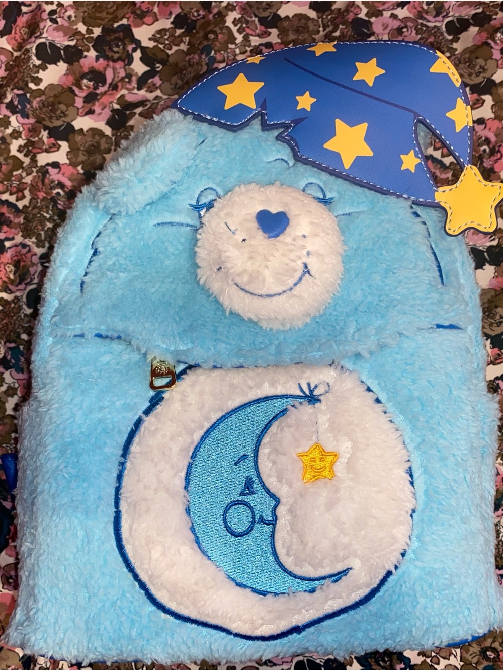 Loungefly Light Blue Care Bears Moon Plush Backpack with Yellow Stars
